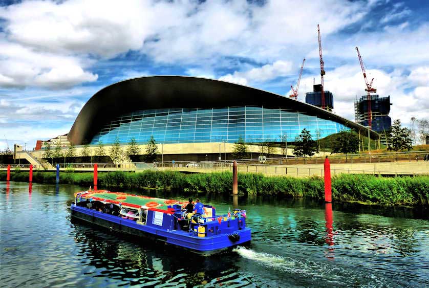 The London Aquatics Center viewed across the Waterworks River.