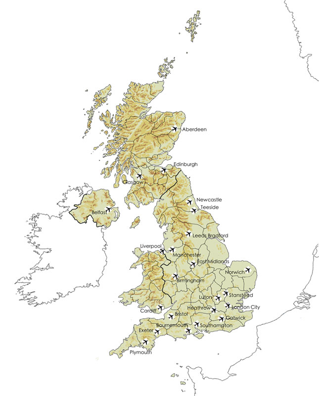 Map of airports in the UK.