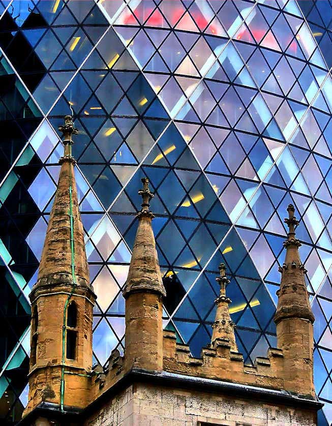 St. Andrew Undershaft Church tower & Gherkin, London.
