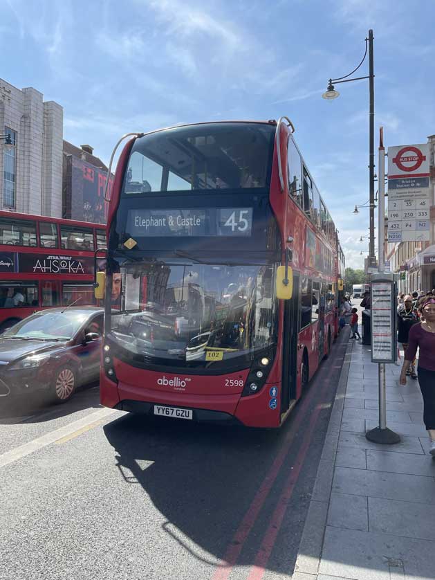 45 Bus to Elephant & Castle at Brixton Station in London.