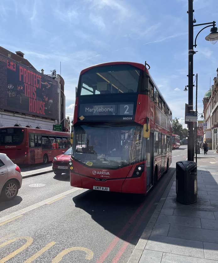 Number 2 Bus to Marylebone at Brixton Station in London.