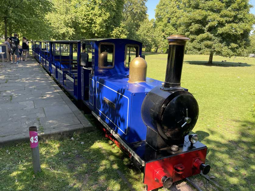 The miniature train in Pavilion Gardens, Buxton.