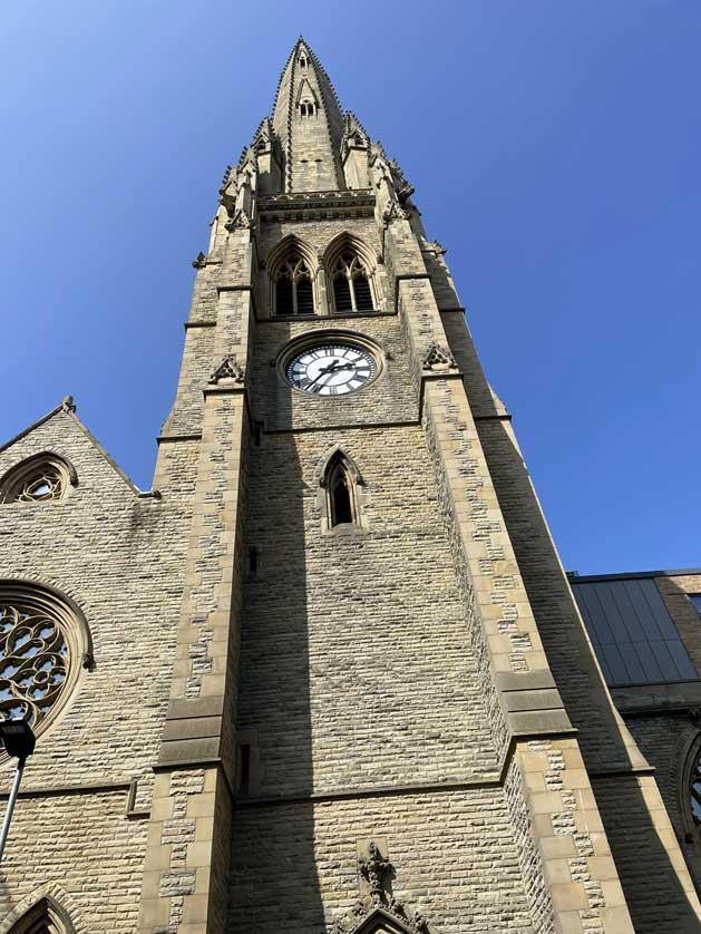 The spire of Square Chapel now part of the city library.