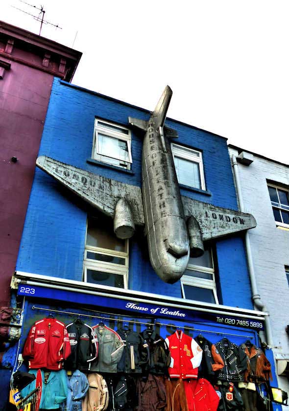 A giant aircraft above the House of Leather.