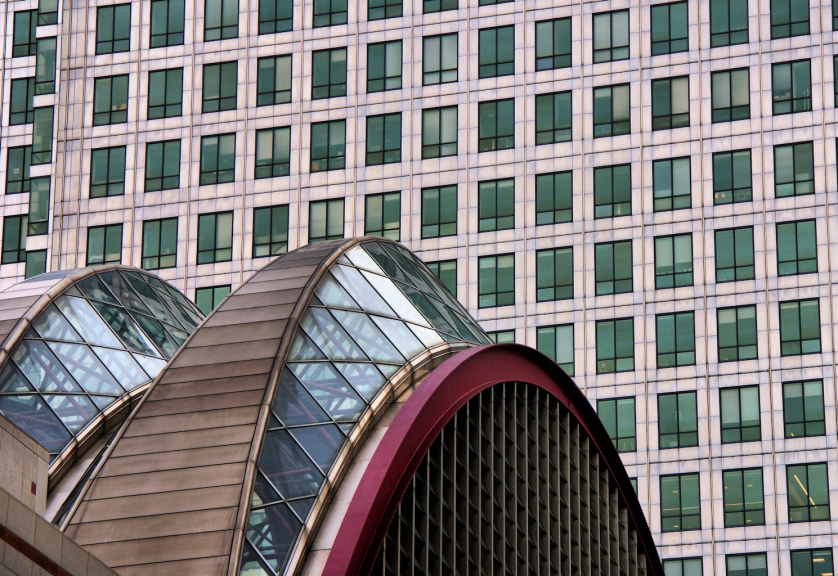 The distinctive elliptical roof of the Docklands Light Railway station at Canary Wharf.