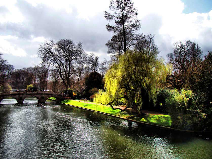 The Backs along the River Cam with Clare Bridge and Fellows Garden.