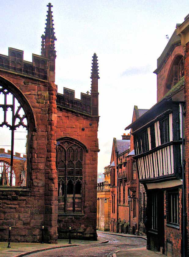 A few medieval buildings alongside the cathedral survived the Blitz of 1940.