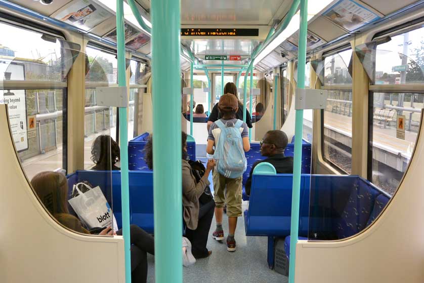 Inside a DLR carriage, London, UK.