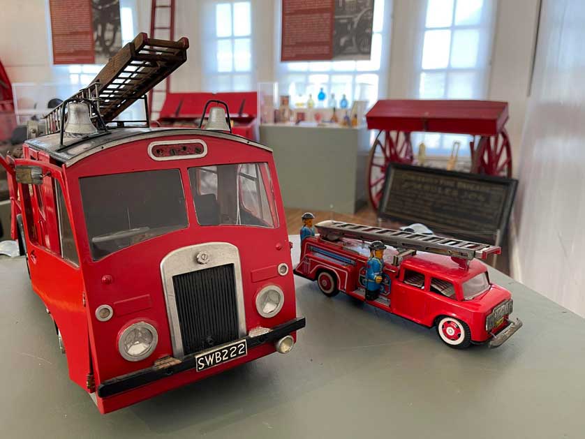 Toy fire engines on display.