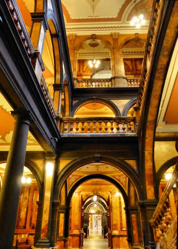 Looking up from the central stairway in Glasgow City Chambers, Scotland, UK.