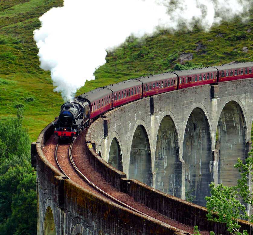 The Jacobite steam train crossing the Glenfinnan Viaduct.