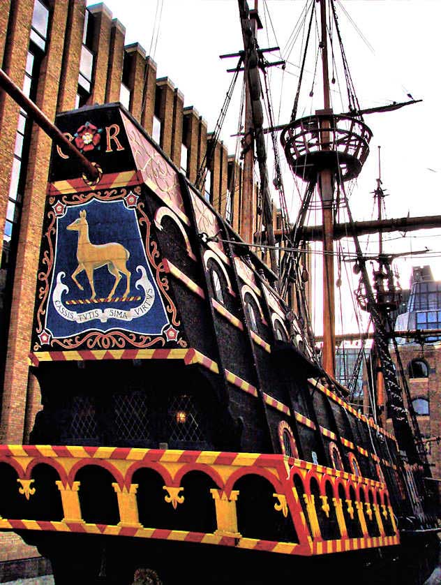 Golden Hinde replica moored in Southwark on the River Thames in London.