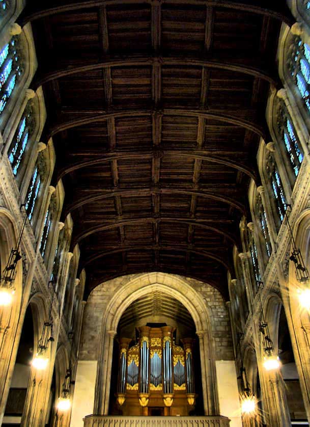 The great roof and University Pipe Organ of St. Mary's University Church.