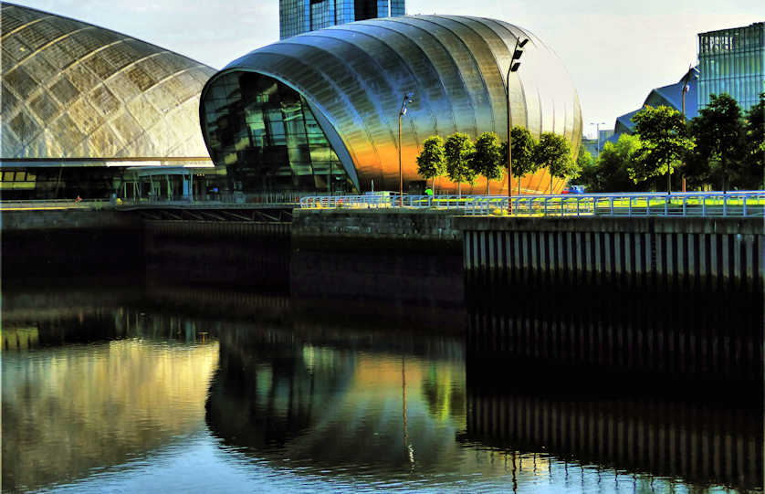 The unmistakable architecture of the Glasgow Science Centre IMAX Theatre.