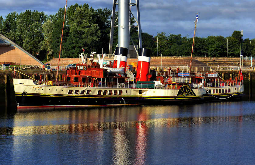 The PS Waverley, historic paddle steamer moored next to the Glasgow Science Centre.