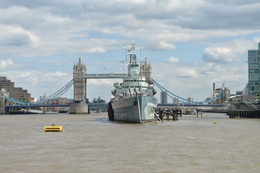 HMS Belfast on the Thames with Tower Bridge.