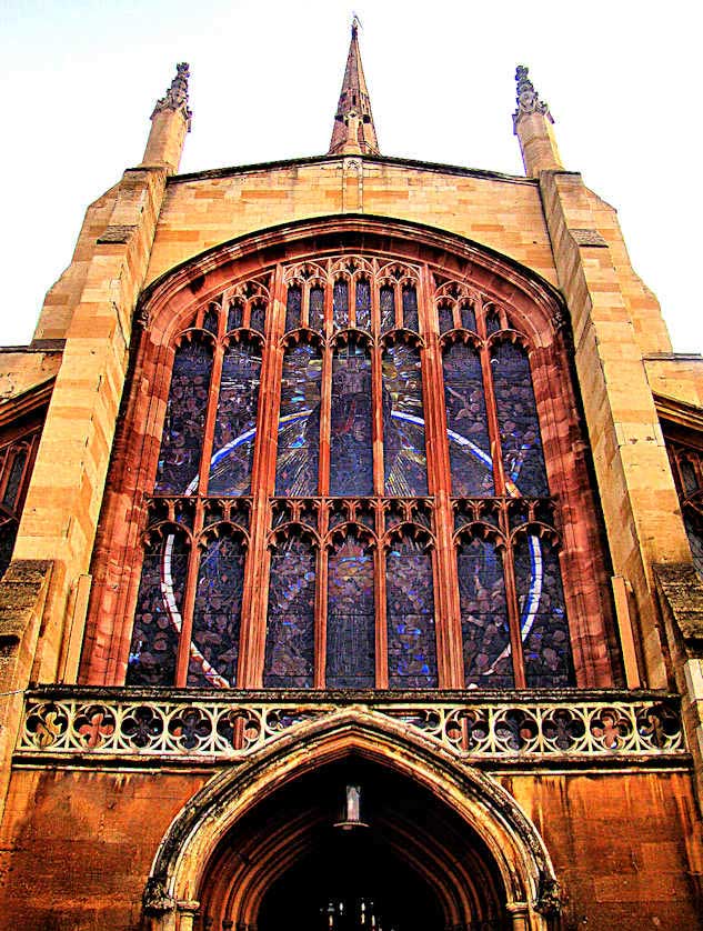 The main entrance and West Window of Holy Trinity Church in Coventry.