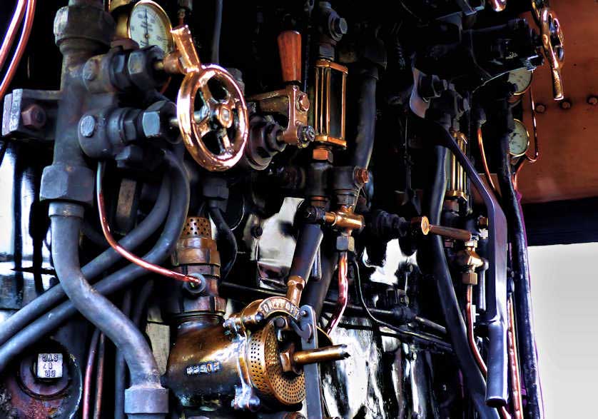 Inside the cab of the Jacobite steam train.