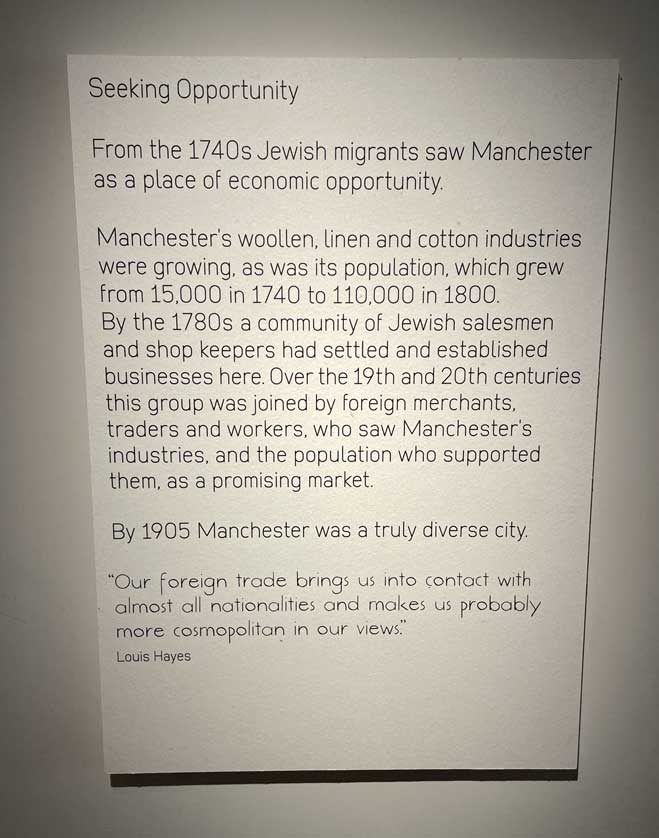 Wall panel explaining the history of the Jewish community in Manchester.