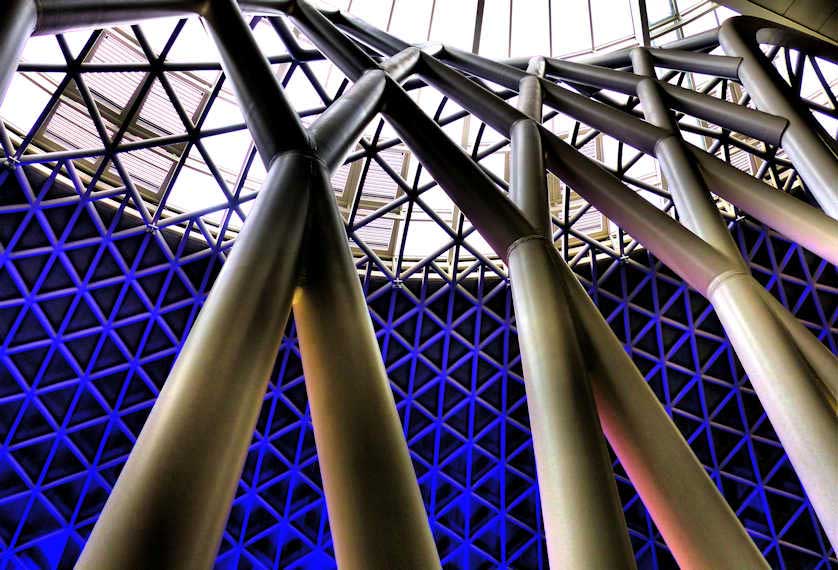The elegant structure of Kings Cross Station's new departures concourse.