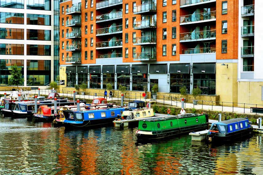Leeds Dock includes moorings for residential canal boats.