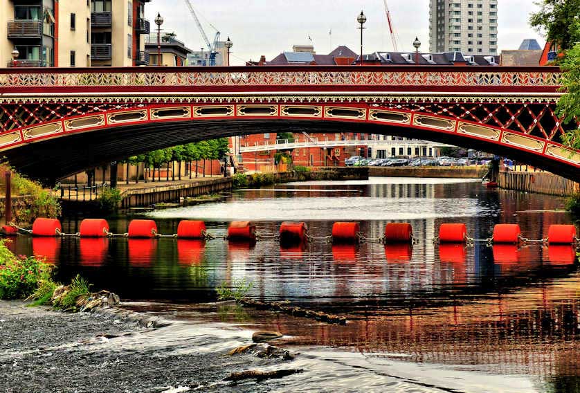 The Victorian Crown Point Bridge crosses the River Aire near Leeds Dock.
