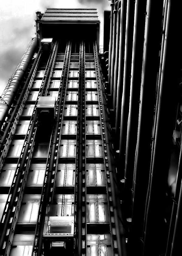 External elevators on the Lloyd's Building, London, UK.