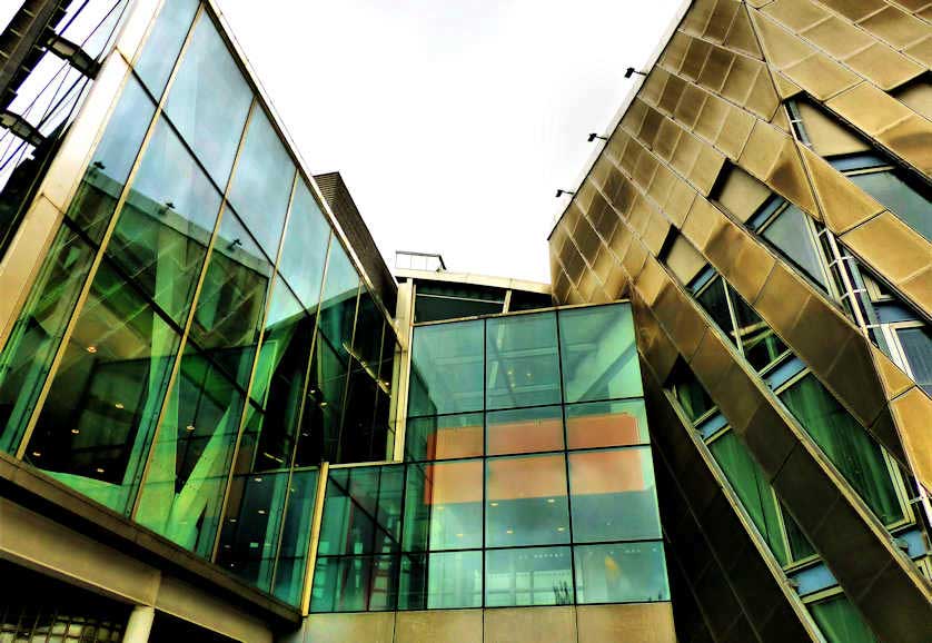 The exterior of most of the structures that make up The Lowry arts centre are made of stainless steel and glass.