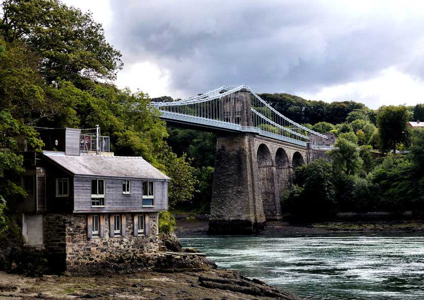 The Menai Bridge connecting Anglesey with mainland Wales.