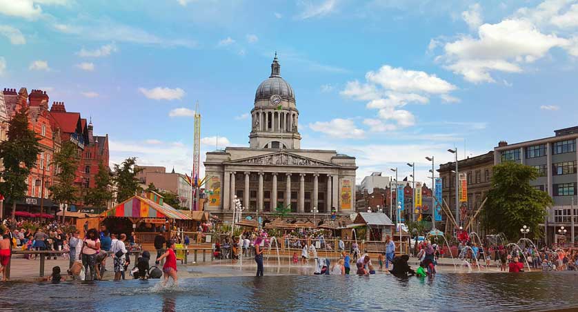 Central Nottingham with the Council House and fountains.