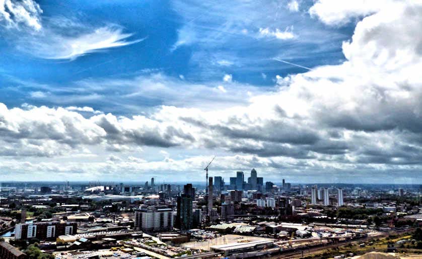 Looking south to Canary Wharf from the observation deck at ArcelorMittal Orbit.