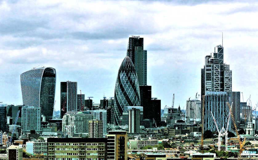 Views of the City of London financial district from the ArcelorMittal Orbit.