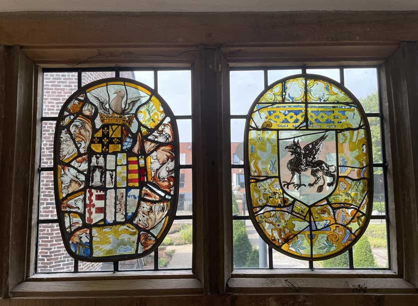 Stained glass windows at Ordsall Hall.