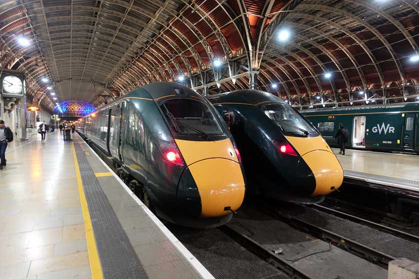 Trains at London Paddington Station.