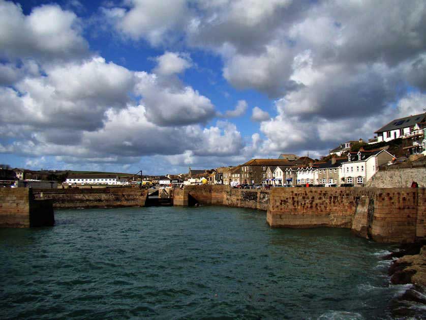The entrance to the harbour at Porthleven is heavily fortified against the power of winter storms.