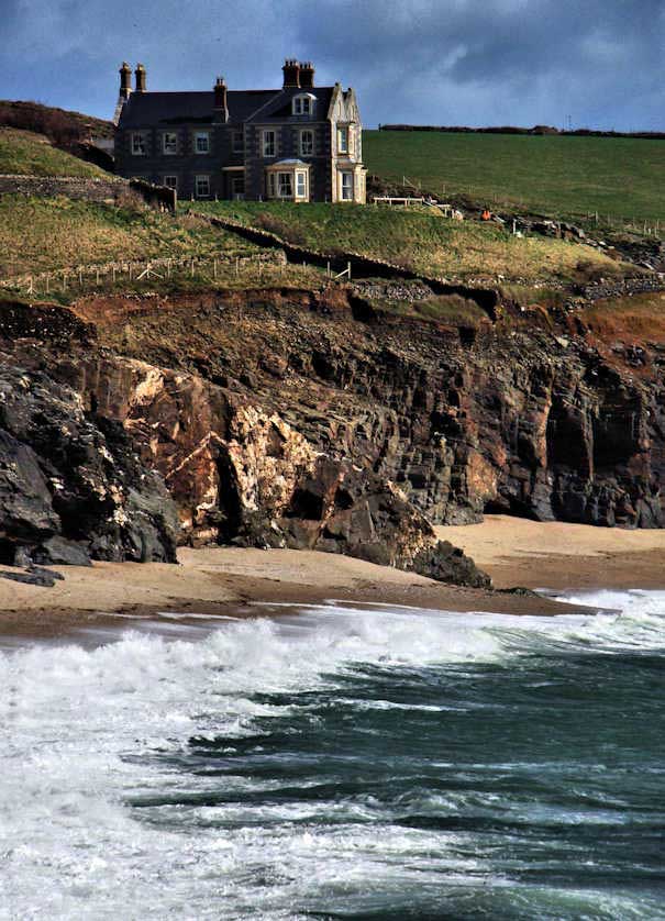 The beach and cliffs near Porthleven.