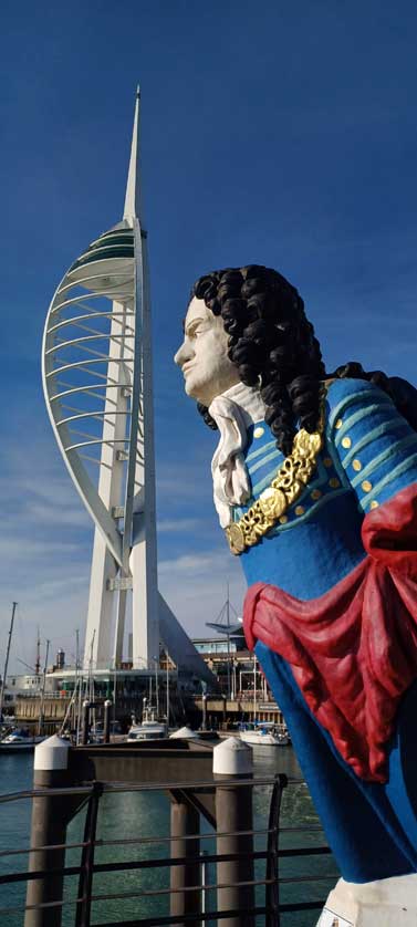 Figurehead of HMS Marlborough at Gunwharf Quays, with Spinnaker Tower in the background.