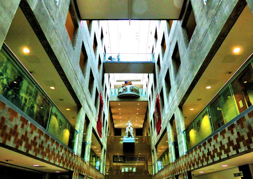 The interior of the Royal Armouries Museum is bright, spacious, and colourful.