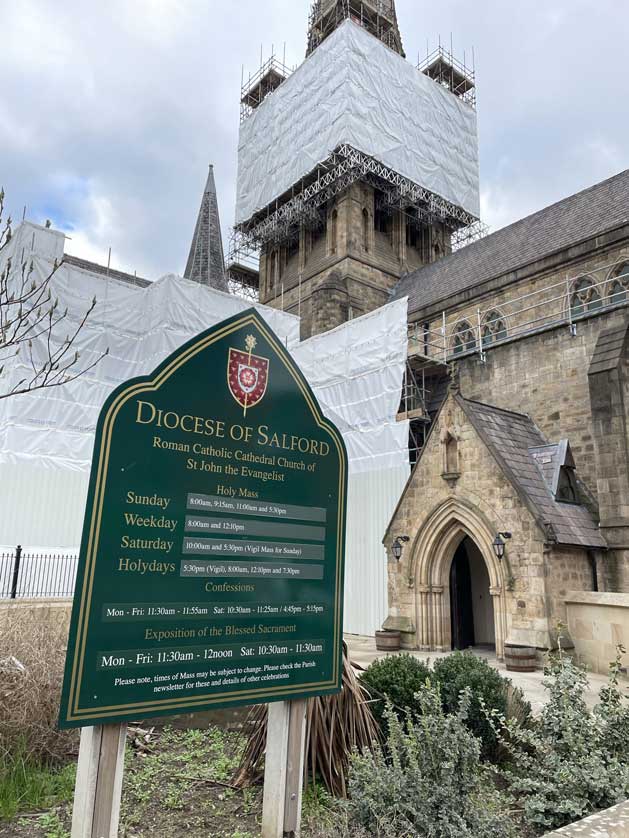 The spire under renovation.
