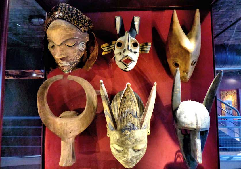 African masks on display at the International Museum of Slavery, Liverpool, England, UK.