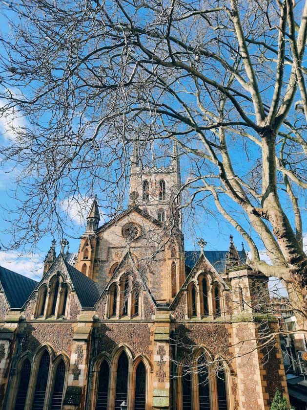 The tower and exterior of the cathedral.