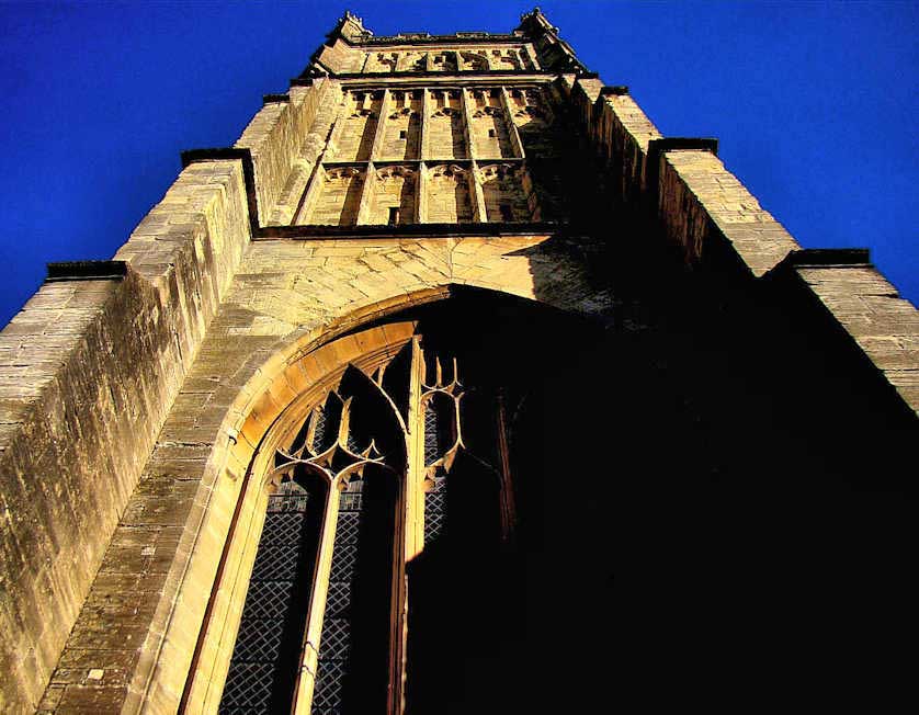 The tower of St. John the Baptist Church was built in the 15th century. It is 143 feet high.
