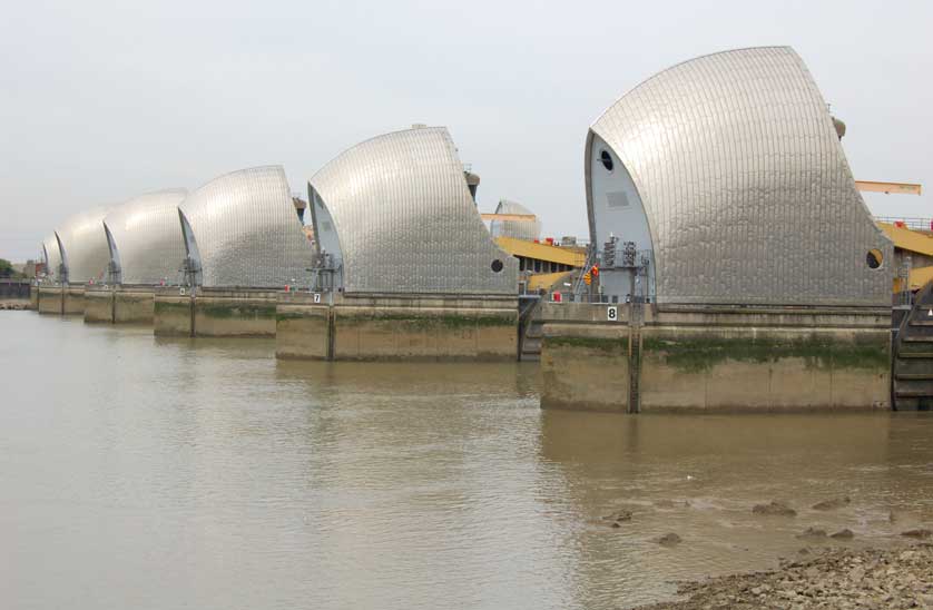 The Thames Barrier protects London from flooding.