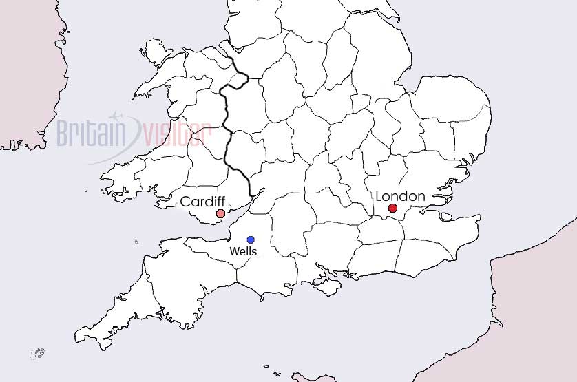 Map of Wells in Somerset, UK.