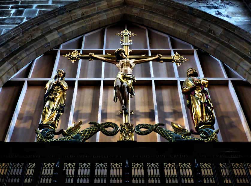 The rood screen figures in Wakefield Cathedral designed by Sir Ninian Comper in 1938.