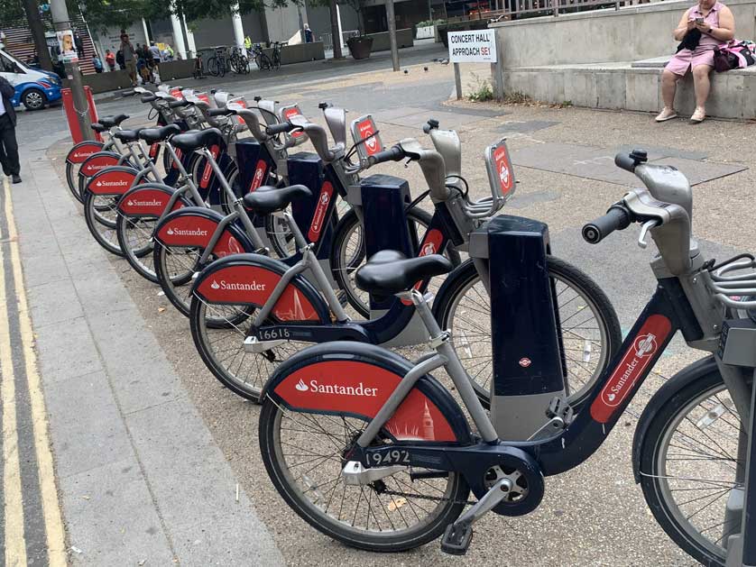 Santander bicycle docking station outside the station.