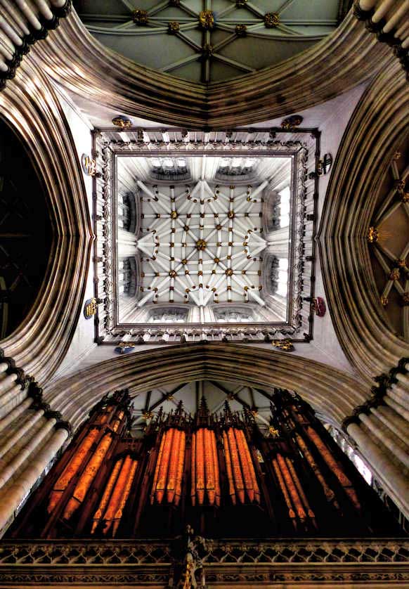 Looking up to the ceiling of York Minster's Central Tower.