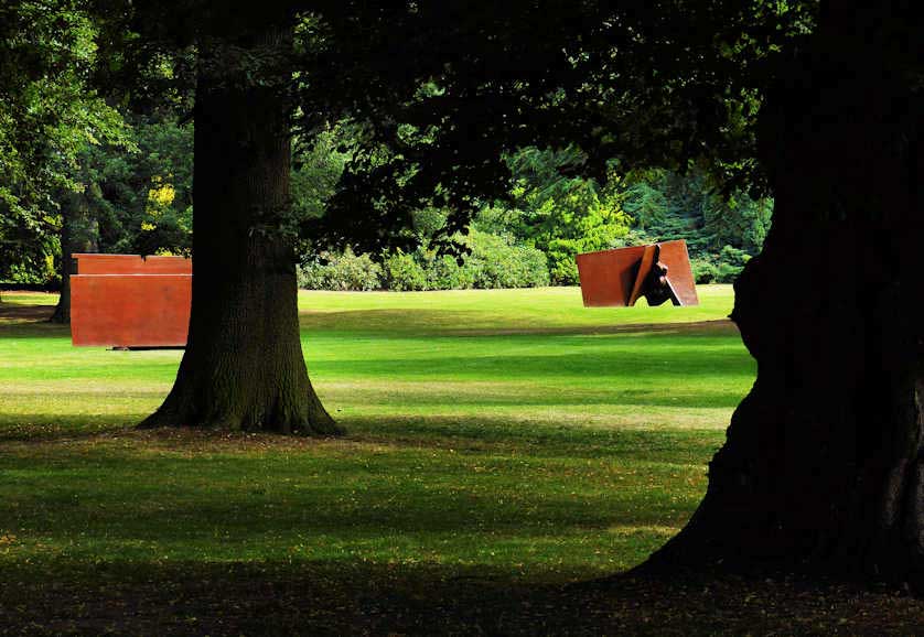 Many of the modern sculptures are set in parkland among trees.